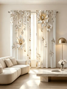 2 piezas Cortinas de lujo con estampado floral de champán, bolsillo para barra, elegantes cortinas de ventana con patrón 3D de flores & perlas, cortinas térmicas aislantes y oscurecedoras para sala de estar, dormitorio y decoración del hogar - Multicolor - Ver 11