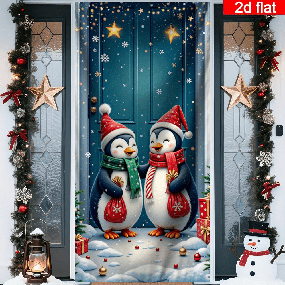 2D Flat Christmas Penguin Door Curtain, Two Penguins Wearing Scarves Standing In Front Of A Blue Door, Decorated With Snowflakes, Colorful Balls And Gift Elements, Cute Style, Durable Polyester, No Power Required, Suitable For Christmas Party Decoration, Can Be Used For Indoor And Outdoor Wall, Door And Window Decoration, Holiday Atmosphere Arrangement, Home, Shopping Mall, Studio, Outdoor Scenes, Polyester Material, No Power Required