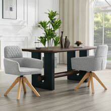 Set Of 2 Swivel Wabi-Sabi Dining Chairs (360° Swivel) – Gray Diamond Fabric - Wood - View 3
