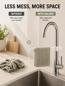 1pc 360° Rotating Faucet Mount Dish Cloth Holder, Plastic Material, White Minimalist Drill-Free Adjustable Kitchen Sink Towel Rack, Space-Saving Quick-Dry Dish Cloth Hanging Rack, Kitchen Storage Use - Multicolor - View 2