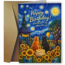 1套（含信封與賀卡）梵谷風格貓咪生日卡，生日快樂，祝您擁有充滿喜悅的一天，迷人的星空夜景，適合朋友或家人，高級紙質，可選紅色或黃色信封，創意賀卡 - A - 查看 5