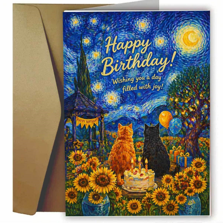 1 Set (Includes Envelope And Greeting Card) Van Gogh Style Cat Birthday Card, Happy Birthday, Wishing You A Day Filled With Joy, Enchanting Starry Night Scene, Suitable For Friends Or Family, Premium Paper, Optional Red Or Yellow Envelope, Creative Greeting Card - A - View 5