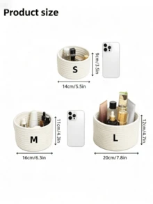 1pc/3pcs Solid Color Desktop Storage Basket, Cotton Rope Storage Basket, Handmade Woven Round Rope Storage Basket, Decorative Desktop Storage Basket, Cute Mini Storage Basket, Suitable For Storing Cosmetics, Sundries, Stationery, Bathroom Supplies, Etc. - White - View 2