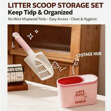 1Set Cat Litter Scoop With Storage Rack, Durable Plastic Cat Poop Shovel, Built‑In Garbage Bag Compartment, Easy‑Clean Pet Hygiene Tool, Lightweight Practical Supply For Multi‑Cat Household & Kitten Litter Box Daily Cleaning Accessory Use - Multicolor - View 4
