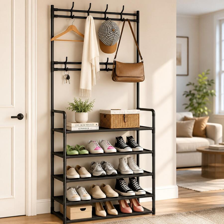 Perchero zapatera 2 en 1 organizador rack de estante con ganchos y 5 niveles - Multicolor - Ver 1