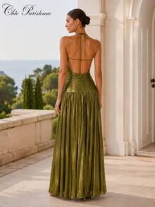 Olive Gold Metallic Halter Resort Evening Dress - 金色 - 查看 6