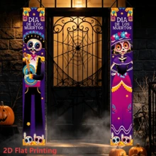 2 pezzi Striscione di benvenuto per porta 2D piatto viola Giorno dei Morti con scheletro, teschio di zucchero dipinto con chitarra, maschio & femmina, con calendula, in poliestere, adatto per decorazione porta Dia de los Muertos, decorazione festa a tema, altare domestico Dia de los Muertos, eventi a tema cultura latino-americana - A - Visualizzare 3