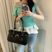 1件復古時尚鉚釘機車包，Y2K辣妹單肩托特包，時尚個性街頭單肩包，高端大容量學生休閒百搭腋下包，極簡通勤斜挎包，適合日常工作、大學、購物、旅行、通勤 - 黑色 - 查看 3