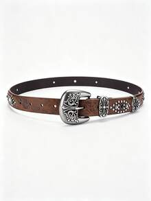 1pc Vintage Western Cowboy Punk Y2K Unisex PU Leather Belt With Carved Alloy Buckle And Rivet Decor Design, Suitable For Casual Daily Wear, Ideal Gift Choice - Coffee Brown - View 6
