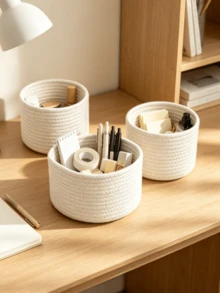 1pc/3pcs Solid Color Desktop Storage Basket, Cotton Rope Storage Basket, Handmade Woven Round Rope Storage Basket, Decorative Desktop Storage Basket, Cute Mini Storage Basket, Suitable For Storing Cosmetics, Sundries, Stationery, Bathroom Supplies, Etc. - White - View 5