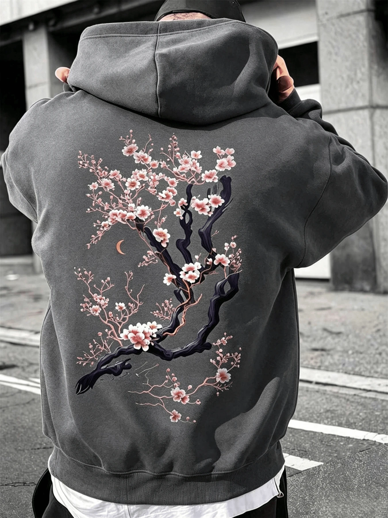 One-Piece Sporty Casual Hoodie With Cherry Blossom Print, Loose Drop-Shoulder Design, Unisex And Couple's Hoodie. - 深灰色 - 查看 1
