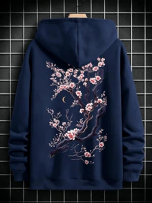 One-Piece Sporty Casual Hoodie With Cherry Blossom Print, Loose Drop-Shoulder Design, Unisex And Couple's Hoodie. - 藏蓝色 - 查看 2
