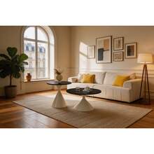 Set Of 2 Coffee Tables From The Sanduhr Series With Distinctive Conical Shape, Melamine Tabletop With Wood Look + Cream Colored Metal Base, Space Saving And Stackable, Ideal For Living Room, Bedroom And Office. - Black + Metal - View 7