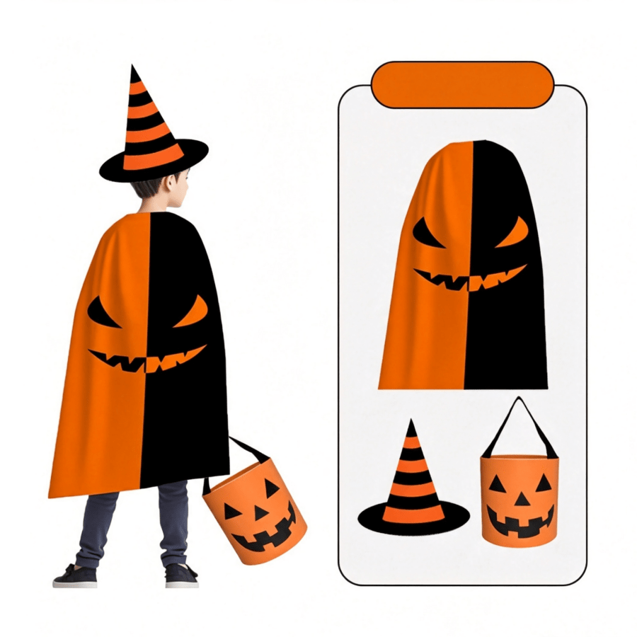 3pcs Halloween Decoration Props Kids Cape Candy Bag Hat Costume Set Halloween Cloak