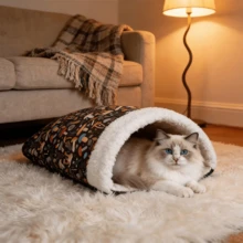 Comfortable & Warm Winter Cat Bed, Soft Plush Cat Sleeping Bag, Portable Cat Bed For Indoor Cats, 360° Enclosed Cat Hideout Bag Suitable For Cats And Small Dogs, Fits 8.82-17.64 Lbs Cats (Cute Pattern) - Multicolor - View 8