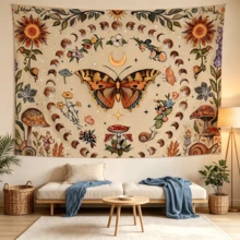1pc Sun And Moon Tapestry Vintage Bohemian Wall Hanging Butterfly Dancing Among Flowers Natural Magic Realm Tapestry Banner, Large Size Printed Fabric, Bedroom Aesthetic Hanging Tapestry, For Party Celebration, Bedroom Office Living Room, Home Decor, Fabric Wall Decoration, 2D Flat Version - Multicolor - View 7