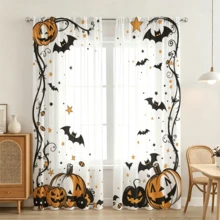2pcs Pumpkin Bat Spider Star Print Semi-Transparent Rod Pocket Sheer Curtains, 100% Polyester Machine Washable, Suitable For Living Room Bedroom Coffee Room, Holiday Decor, Lightweight Design, Halloween Thanksgiving Christmas Decoration, Festive Style, Holiday Shopping Essential, 2D Flat Printing - Multicolor - View 10
