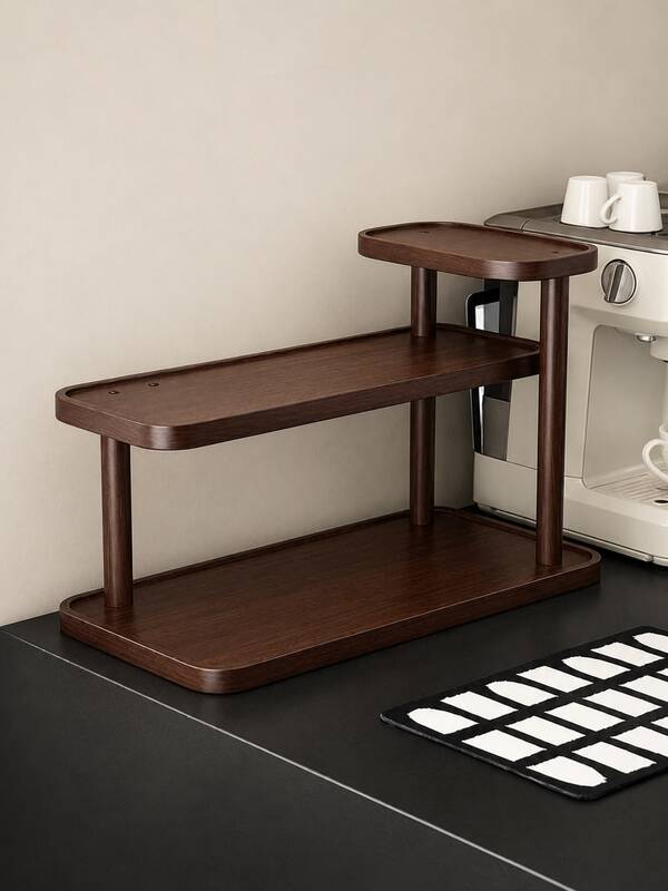 1pc Walnut Wood Desktop Organizer, Vintage 3-Tier Display Shelf, Multi-Layer Storage, Kitchen Spice Rack, Lacquered Finish, Retro Texture, Suitable For Displaying And Storing Cups, Mugs, Spice Bottles, Cosmetics, Perfumes And Decorative Items
