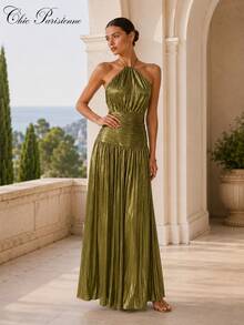 Olive Gold Metallic Halter Resort Evening Dress - 金色 - 查看 3