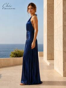 Midnight Navy Metallic Halter Evening Maxi Dress - 深藍色 - 查看 4