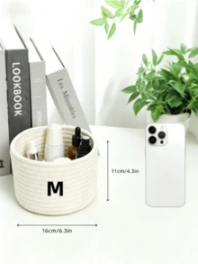 1pc/3pcs Solid Color Desktop Storage Basket, Cotton Rope Storage Basket, Handmade Woven Round Rope Storage Basket, Decorative Desktop Storage Basket, Cute Mini Storage Basket, Suitable For Storing Cosmetics, Sundries, Stationery, Bathroom Supplies, Etc. - White - View 3