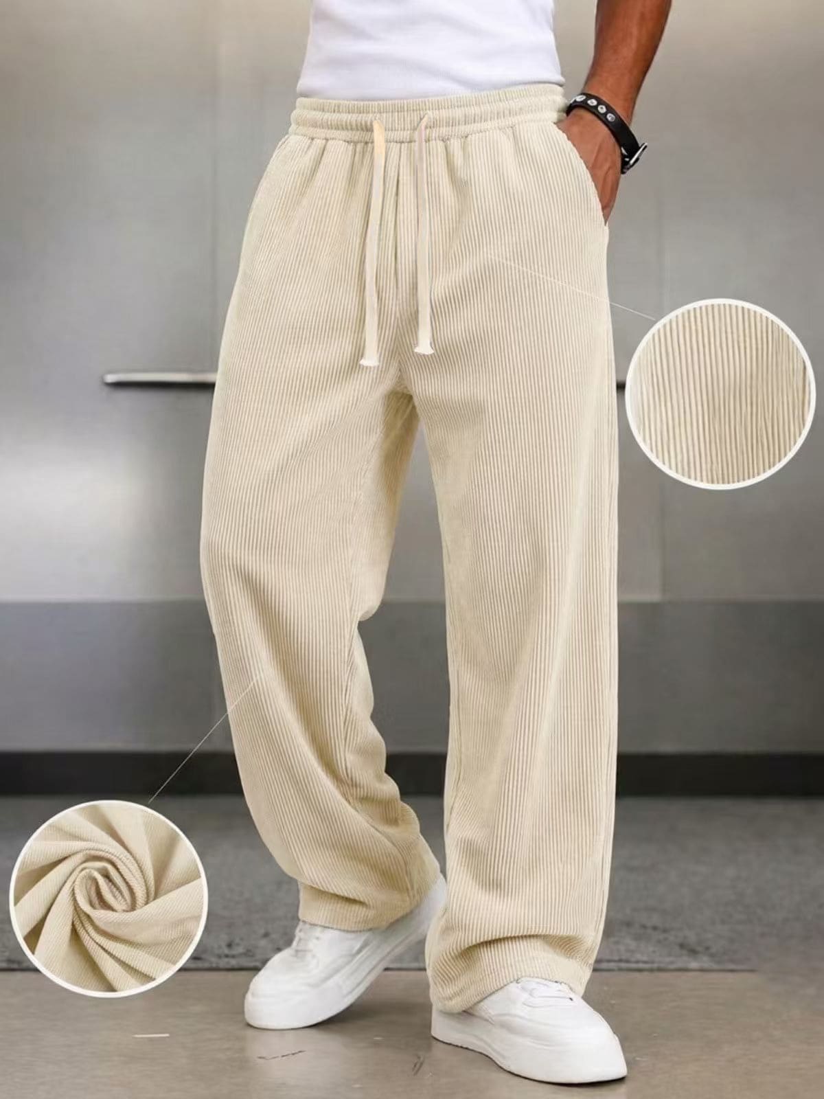 Men's; 1 Pair Loose Fashionable Sports Long Pants, Corduroy Long Pants Simple Solid Color Wide Leg Casual Fit, Waist With Drawstring Design, Built-In Large Pockets, Suitable For Daily Walking, Work, Travel And Other Occasions. A Perfect Father's Day Gift For Dad - Apricot - View 1