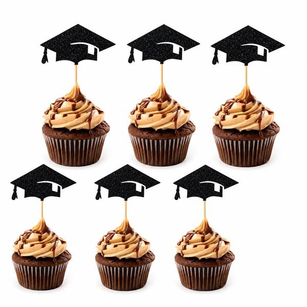 10pcs/24pcs Black Glitter Graduation Cap Cupcake Toppers - 2026 Graduation Party Elegant Cake Decor, Bamboo Material, No Assembly Required, Cupcake Graduation Theme Shiny Effect Cake Toppers