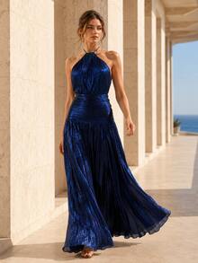 Midnight Navy Metallic Halter Evening Maxi Dress - 深藍色 - 查看 6