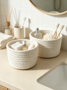 1pc/3pcs Solid Color Desktop Storage Basket, Cotton Rope Storage Basket, Handmade Woven Round Rope Storage Basket, Decorative Desktop Storage Basket, Cute Mini Storage Basket, Suitable For Storing Cosmetics, Sundries, Stationery, Bathroom Supplies, Etc. - White - View 9