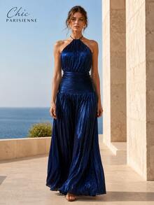 Midnight Navy Metallic Halter Evening Maxi Dress - 深藍色 - 查看 2