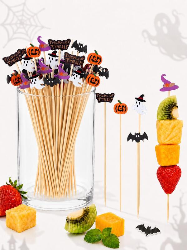 Halloween Decorative Food Picks, Bamboo Appetizer Skewers With Pumpkin, Ghost, Bat, Witch Hat And Trick Or Treat Decorative Heads, Suitable For Fruit, Cupcakes, Cheese, Buffet, Haunted House, Catering And Spooky Party Events