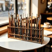 1 Large Capacity Wooden Paint Brush & Makeup Brush Storage Rack - Detachable Design Desktop/Wall-Mounted Organizer, Khaki Polished Surface, Suitable For Art Studio, Beauty Salon And Home Organization - Space-Saving Brush Organizer - A - View 3