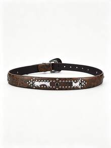 1pc Vintage Western Cowboy Punk Y2K Unisex PU Leather Belt With Carved Alloy Buckle And Rivet Decor Design, Suitable For Casual Daily Wear, Ideal Gift Choice - Coffee Brown - View 7