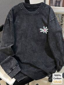 Women's Washed Black Long Sleeve T-Shirt, Fun Floral Print Pattern, Loose Fit, Stylish Vintage Black, Oversize - Black - View 2
