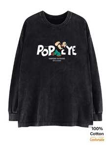Women's Washed Black Long Sleeve T-Shirt, Cartoon Print Top, Loose Fit, Slimming Design, Stylish Retro Black, Oversized - Black - View 3