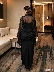 SHEIN Lady CURVE Gaun Pesta Koktail Elegan Ukuran Plus dengan Rumbai Berlapis-lapis dan Tali Bahu Tipis, Warna Hitam untuk Musim Panas - Hitam - View 2