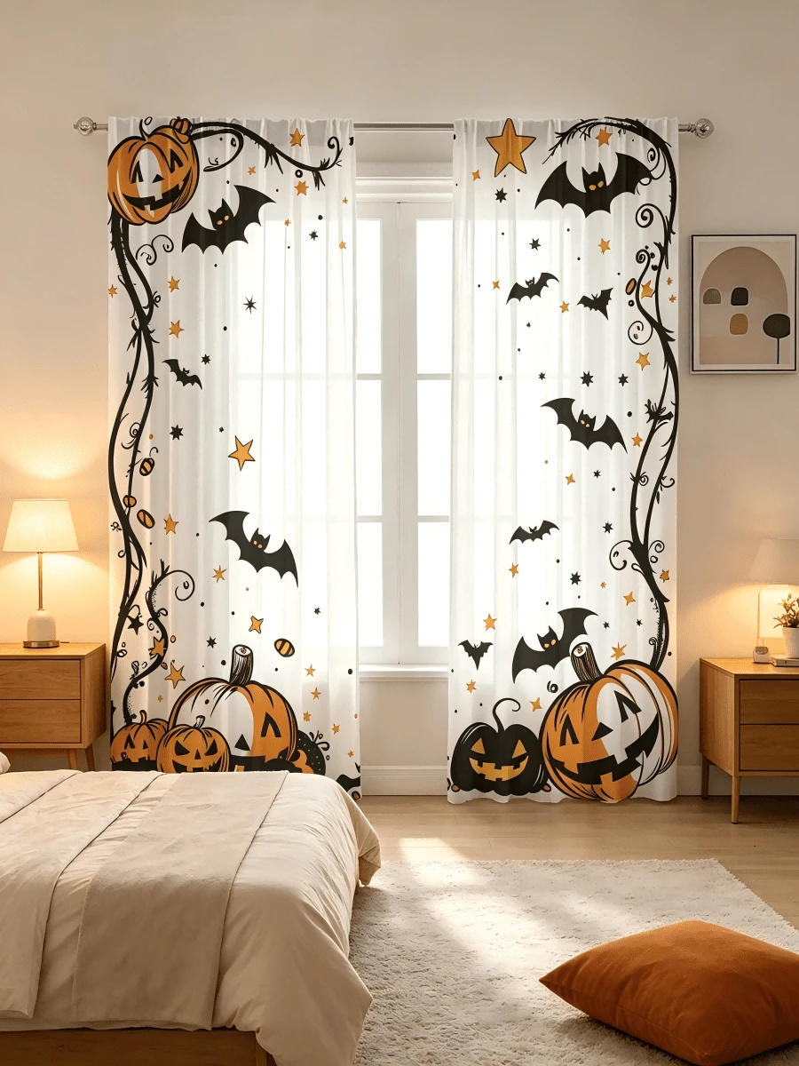 2pcs Pumpkin Bat Spider Star Print Semi-Transparent Rod Pocket Sheer Curtains, 100% Polyester Machine Washable, Suitable For Living Room Bedroom Coffee Room, Holiday Decor, Lightweight Design, Halloween Thanksgiving Christmas Decoration, Festive Style, Holiday Shopping Essential, 2D Flat Printing