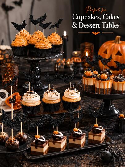 Halloween Bat Cake Toppers, Black Pearlescent Bat Cake Flags For Cupcakes, Cakes, Desserts, Halloween Theme Party Decorations, Birthday Party, Haunted House, Trick-Or-Treat, Dessert Table & Holiday Baking Supplies