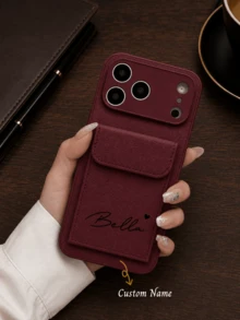 Luxury Customized Name Litchi Texture Phone Case, Compatible With 18 17 16 15 14 13 12 11 Pro Max 14 15 16 Plus 17, Fashionable DIY Gift Phone Case, Phone Accessories, Personalized Gift - Burgundy - View 1