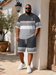 Plus Size Men's T-Shirt & Shorts Home Lounge Set, Casual Vacation Top, Luxury Gray Tone Multi-Layer Fine Gold Stripe Small Horse Logo, Short Sleeve Drawstring Shorts, Loose Fit, 2-Piece Loungewear For Pool, Beach, Travel And Home - Multicolor - View 3