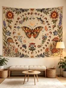 1pc Sun And Moon Tapestry Vintage Bohemian Wall Hanging Butterfly Dancing Among Flowers Natural Magic Realm Tapestry Banner, Large Size Printed Fabric, Bedroom Aesthetic Hanging Tapestry, For Party Celebration, Bedroom Office Living Room, Home Decor, Fabric Wall Decoration, 2D Flat Version - Multicolor - View 2