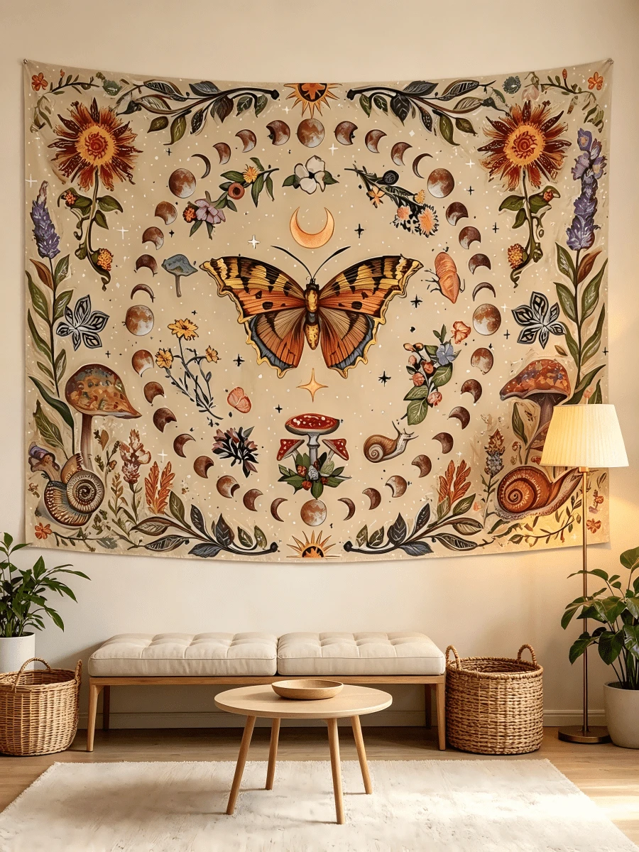 1pc Sun And Moon Tapestry Vintage Bohemian Wall Hanging Butterfly Dancing Among Flowers Natural Magic Realm Tapestry Banner, Large Size Printed Fabric, Bedroom Aesthetic Hanging Tapestry, For Party Celebration, Bedroom Office Living Room, Home Decor, Fabric Wall Decoration, 2D Flat Version