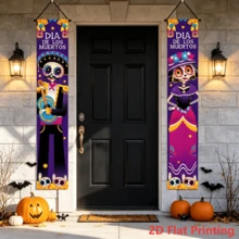 2 pezzi Striscione di benvenuto per porta 2D piatto viola Giorno dei Morti con scheletro, teschio di zucchero dipinto con chitarra, maschio & femmina, con calendula, in poliestere, adatto per decorazione porta Dia de los Muertos, decorazione festa a tema, altare domestico Dia de los Muertos, eventi a tema cultura latino-americana - A - Visualizzare 2
