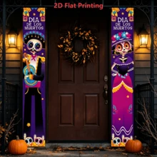 2 pezzi Striscione di benvenuto per porta 2D piatto viola Giorno dei Morti con scheletro, teschio di zucchero dipinto con chitarra, maschio & femmina, con calendula, in poliestere, adatto per decorazione porta Dia de los Muertos, decorazione festa a tema, altare domestico Dia de los Muertos, eventi a tema cultura latino-americana - A - Visualizzare 5