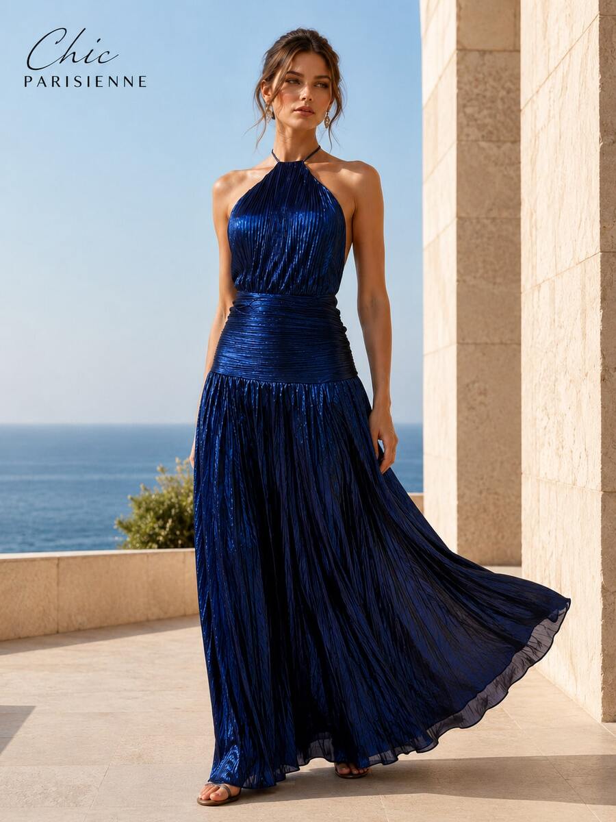 Midnight Navy Metallic Halter Evening Maxi Dress - 深藍色 - 查看 1