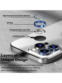 Yezodawee 11-17 Pro Max Camera Lens Protector, With Rhinestone Glitter, 9H Explosion-Proof Tempered Glass Metal Frame, 5D Panoramic Fit, Scratch-Resistant/Waterproof/Anti-Fingerprint, Suitable For Night Photography, Outdoor Adventure Gift, Birthday Gift, Suitable For Family And Friends, Sparkling Crystal Lens Protector, Phone Accessories, Shockproof And Anti-Drop, Full Coverage Protection - Blue - View 4