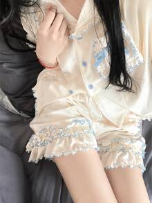 Women Pajama Sets - Solid Color Lace Set # Two Short Pieces - View 2