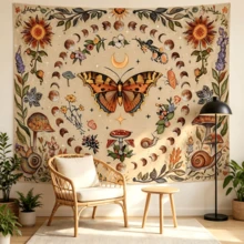 1pc Sun And Moon Tapestry Vintage Bohemian Wall Hanging Butterfly Dancing Among Flowers Natural Magic Realm Tapestry Banner, Large Size Printed Fabric, Bedroom Aesthetic Hanging Tapestry, For Party Celebration, Bedroom Office Living Room, Home Decor, Fabric Wall Decoration, 2D Flat Version - Multicolor - View 3