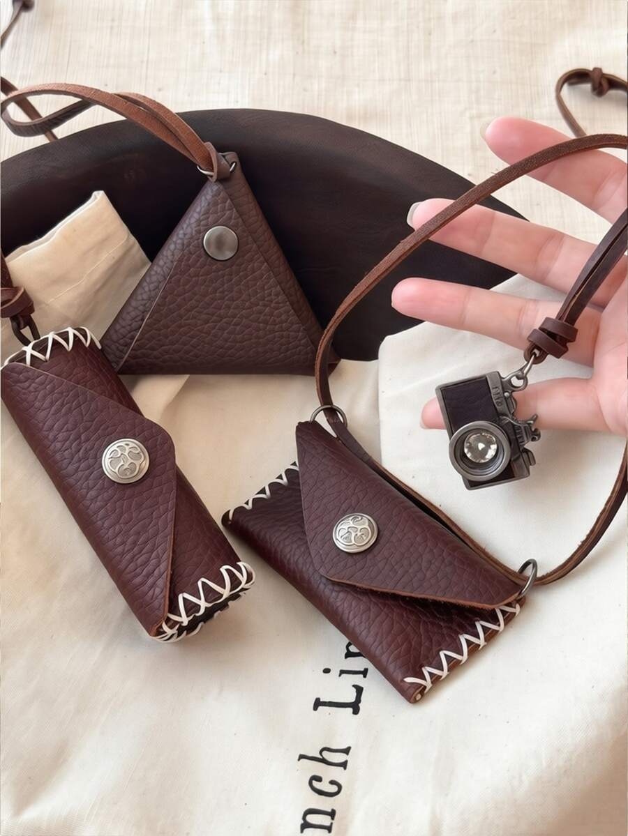 1pc Vintage Leather Key Pouch, Genuine Cowhide Tri-Fold Key Organizer Wallet With Key Ring Clip, Portable Small Key Bag With Card Slot And Secure Snap Closure - Brown - View 1