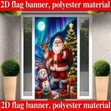 2D-Ebene - 1 Stück 2D-Flaggen-Hintergrund im Weihnachtsthema mit Weihnachtsmann, Rentier, Schneemann, geschmücktem Weihnachtsbaum und Geschenkbox-Verpackung, kombiniert mit einem mit Aurora gefüllten Winter-Schneelandschaftsdesign, keine Stromversorgung erforderlich - A - Übersicht 2